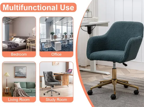 Miniatura 7 de Silla esponjosa verde – Silla de tocador ajustable en altura con ruedas, silla giratoria de piel sintética para sala de maquillaje u oficina en casa
