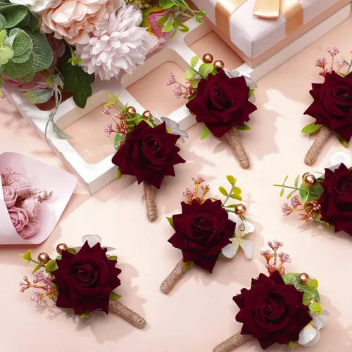 Miniatura 3 de Sherr Juego de 20 ramilletes de rosas rojas y boutonnier con diseño de flores para muñeca, pulsera para boda, novio, hombre, Boutonniere, mano, flor