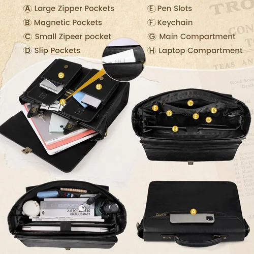 Miniatura 4 de RAINSMORE Bolsa de mensajero para hombre de 15.6 pulgadas de cuero vintage para laptop, maletín impermeable, bolsa de cuero para computadora laptop