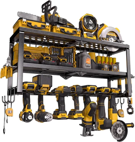 Miniatura 10 de Spampur Organizador de herramientas eléctricas, soporte de pared, estante de almacenamiento de 3 capas con 4 soportes para taladro, estante