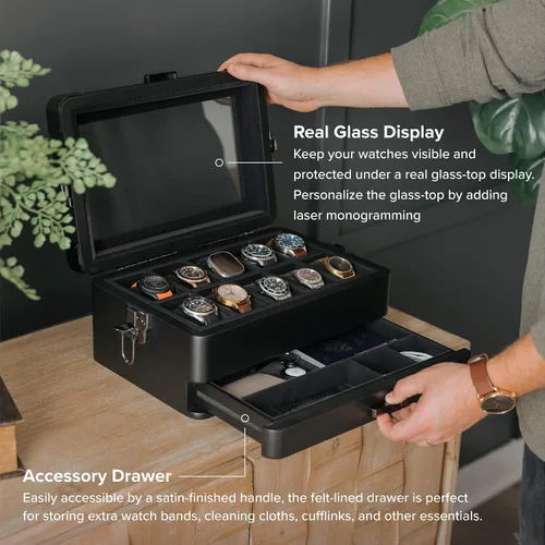 Miniatura 9 de CASE ELEGANCE Black Edition - Caja de reloj militar con 10 ranuras para hombres, parte superior de cristal real, bandeja modular de valet