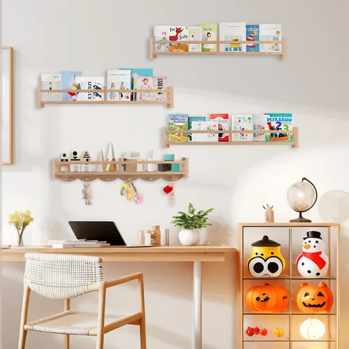 Miniatura 4 de Estantes para libros de guardería de 34 pulgadas montados en la pared, estante flotante para libros para niños con 6 ganchos, estante colgante