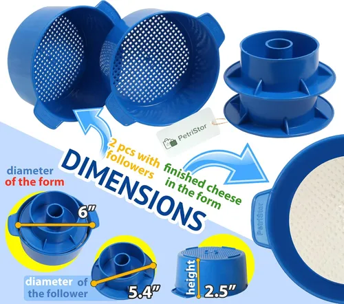 Miniatura 3 de PetriStor Kit de fabricación de quesos – 2 piezas de molde de queso con un pistón seguidor azul y gasa de algodón – Cesta para hacer queso – Paneer