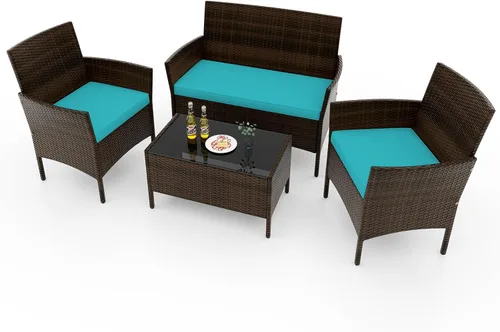 Miniatura 11 de RELAX4LIFE Juego de muebles de patio de 4 piezas – Juego de muebles de ratán para conversación al aire libre con cojines, mesa de centro de cristal