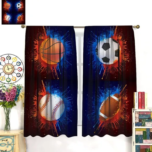 Miniatura 3 de Cortinas deportivas de baloncesto para niños, patrón de llama de bola 3D naranja, 42 pulgadas de ancho x 45 pulgadas de largo