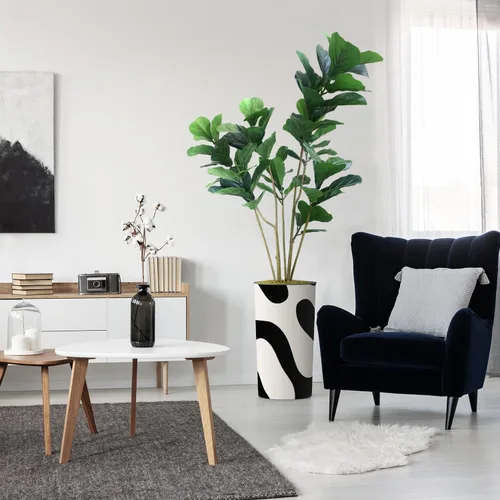 Miniatura 25 de Árbol artificial en macetero contemporáneo con patrón de margaritas, árbol de seda falso Ficus Lyrata para decoración del hogar en interiores