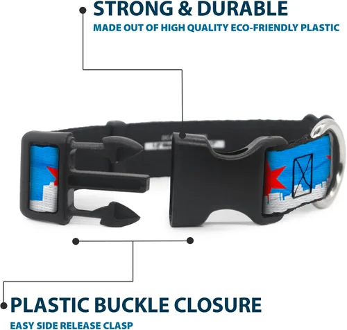 Miniatura 4 de Buckle-Down Collar de clip de plástico, diseño de Chicago Skyline/Flag Distressed Black/White/Red – 1 pulgada de ancho – Se adapta a cuello de 9 a