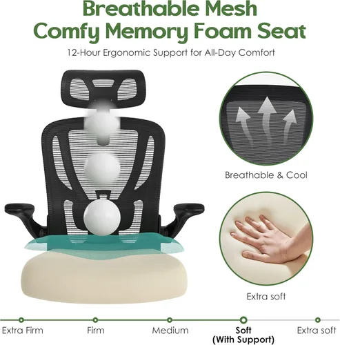 Miniatura 8 de Silla de Oficina Ergonómica de Escritorio - Silla de Oficina de Malla con Respaldo Alto con Reposacabezas Ruedas Soporte Lumbar Sillas de Oficina