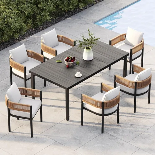 Miniatura 26 de Juego de comedor al aire libre Grand Patio de 5 piezas para 4, sillas de patio fijas de mimbre tejido metálico con cojines engrosados y 1 mesa