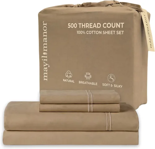 Miniatura 18 de Sábanas de Cama de Algodón 100% Natural Juego de Sábanas Cal King de Tejido Satén de Una Sola Capa 500 TC Ropa de Cama Sólida Transpirable e