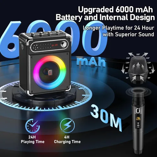 Miniatura 6 de Máquina de karaoke con 2 micrófonos inalámbricos, woofer mejorado de 6.5 pulgadas y tweeter de 2 pulgadas: altavoz de karaoke portátil Bluetooth