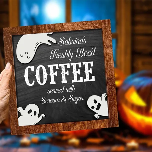 Miniatura 6 de Letrero personalizado de Freshly Boo D Coffee para Halloween, lindo letrero de madera de fantasma, letrero de boo, letrero divertido de Halloween