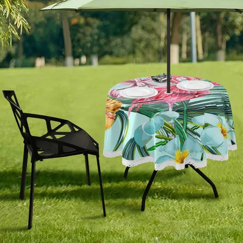Miniatura 6 de Qilmy Mantel de flamenco para exteriores, 60 pulgadas, impermeable, redondo, con agujero para sombrilla y cremallera, para decoración de barbacoa