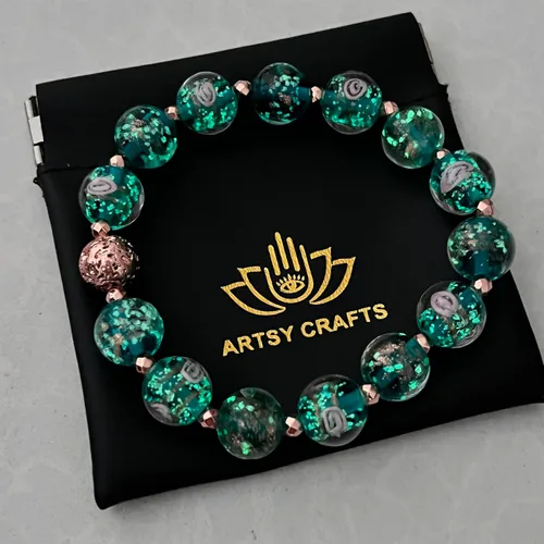 Miniatura 7 de ARTSY Crafts - Pulsera de cuentas de luciérnaga que brillan en la oscuridad, color azul océano luminoso, cuentas de cristal de Murano, joyería
