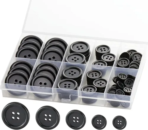 Miniatura 9 de 100 botones de costura de resina negra, botones de camisa de traje de 4 agujeros, 5 tamaños, redondos mezclados, con caja de almacenamiento