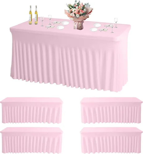 Miniatura 17 de JCJ Faldón de mesa para mesas rectangulares, manteles negros ajustados de spandex para mesas de 4 pies, faldones de mesa elásticos con volantes