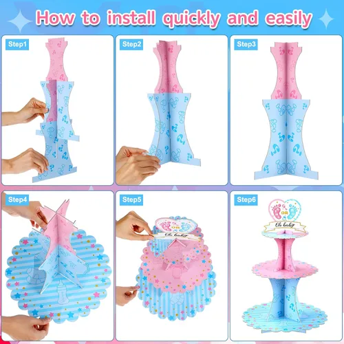 Miniatura 4 de Decoración de soporte para cupcakes para fiesta de revelación de género, azul y rosa de 3 niveles para baby shower, suministros de cartón para niños