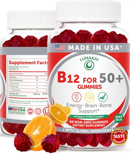 Lunakai Gomitas de vitamina B12 fabricadas en Estados Unidos para adultos mayores de 50 años, sin OMG B12 para aumentar la energía y la vitalidad,