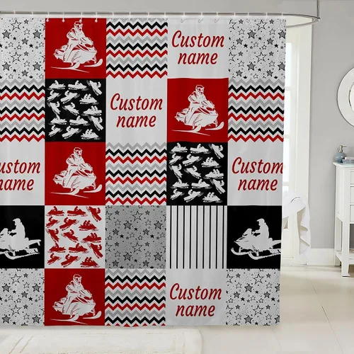 Erosebridal Cortina de ducha personalizada con diseño de motos de nieve, diseño de retazos a cuadros, para niños y hombres, cortina de baño con
