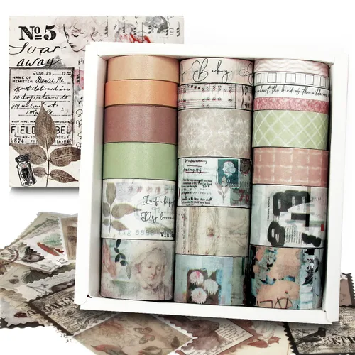 Juego de 20 rollos de cinta washi vintage y 30 piezas de calcomanías para sellos de plantas de animales y naturaleza, cinta adhesiva estética para