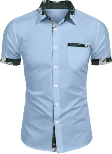 Miniatura 10 de RTRDE Men's Button Down Shirts Short Sleeve Plaid Print Summer Beach Wedding Vacation Dress Shirts, M-4XL