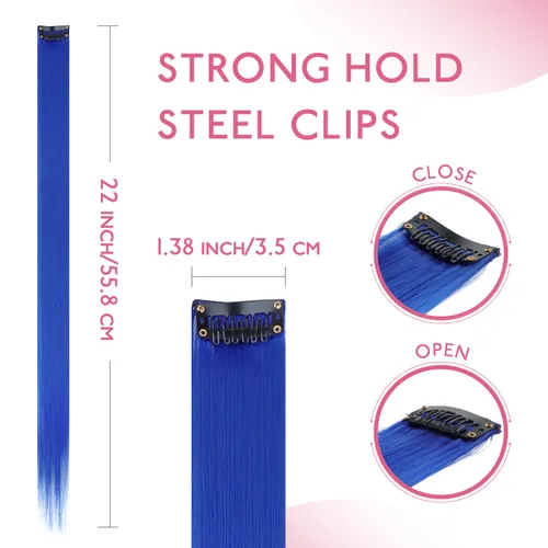 Miniatura 3 de Wennalife 12 piezas de extensiones de cabello azul con clip, extensiones de cabello con clip de colores para niños, pinzas de cabello arcoíris