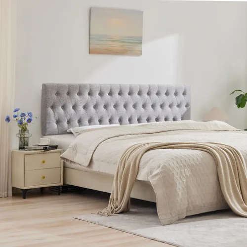Miniatura 16 de Kingfun Cabeceras con diseño moderno de botones, cabecera de cama tapizada y acolchada de tela de lino premium, cabecera de madera maciza ajustable