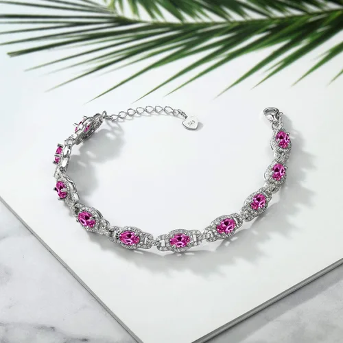 Miniatura 4 de Gem Stone King Pulsera de tenis de plata de ley 925 ovalada con zafiro creado en rosa para mujer