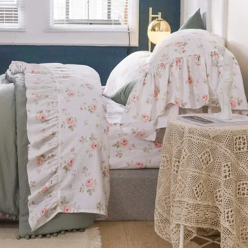 Miniatura 11 de QSH Juego de sábanas de algodón 100% Queen, sábanas con volantes de trigo para granja, ropa de cama vintage chic shabby 3 piezas, juego de cama