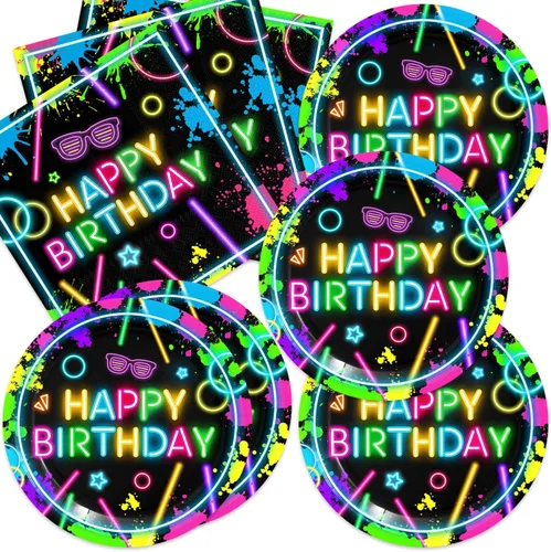 Platos y servilletas de cumpleaños de neón, decoraciones de fiesta, 40 piezas que no brillan para baby shower, decoraciones de fiesta de cumpleaños