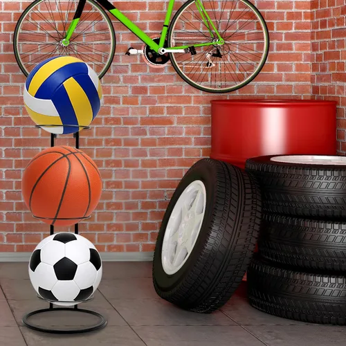 Miniatura 8 de QWORK Estante de almacenamiento para pelotas de baloncesto: diseño vertical de 3 niveles, montaje en pared o independiente, solución de ahorro