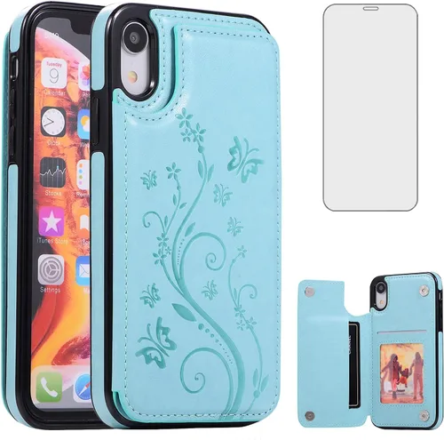Miniatura 9 de Asuwish Funda para iPhone XR con protector de pantalla de vidrio templado, funda de cuero con soporte para tarjetas, doble cierre magnético y funda