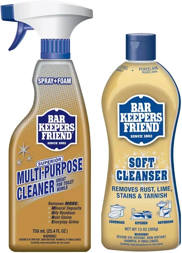 Bar Keepers Friend - Limpiador suave (13 oz) y MÁS Spray + Espuma (25.4 oz) Juego de limpiadores multiusos, removedor de manchas y óxido para