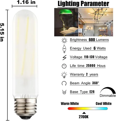 Miniatura 3 de XININSUN Bombillas LED esmeriladas T10, color blanco cálido 2700 K, bombillas LED Edison tubulares regulables de 6 W, equivalente a 60 vatios, 600