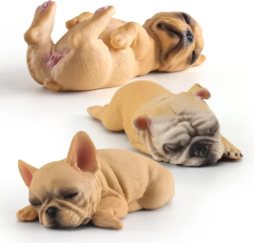 3 figuras de bulldogs realistas de 1-3 pulgadas, decoraciones de fiesta de cachorros para niñas, figuras de perros durmiendo para niños, figuras de