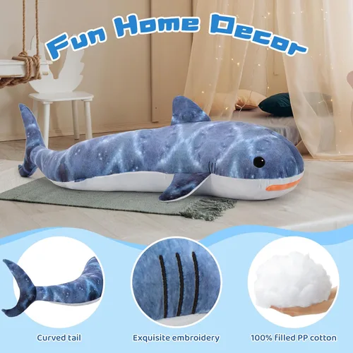 Miniatura 6 de Tezituor Tiburón ballena gigante de 4 pies de peluche, peluche de tiburón en forma de S para niños y niñas, almohada de cuerpo de tiburón ballena
