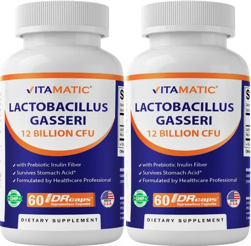 Vitamatic Lactobacillus Gasseri - 12 mil millones por cápsula DR - 60 unidades - Soporte digestivo - Fabricado con fibra prebiótica de inulina -