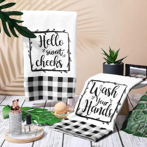 Miniatura 6 de Tatuo 2 toallas de mano de baño a cuadros blancos y negros de 17 x 27 pulgadas, paños de cocina de granja Hello Sweet para baño, hogar, lavar