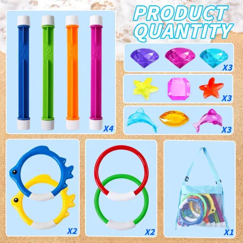Miniatura 2 de YUJUN 18 piezas de juguetes de buceo y natación para piscina, juegos de verano subacuáticos con peces de piscina, varillas de buceo, anillos, gemas