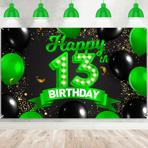 Miniatura 36 de Cartel de feliz cumpleaños 26 verde y negro, telón de fondo con texto en inglés "Cheers to 26 years old confeti", globos de confeti, decoración