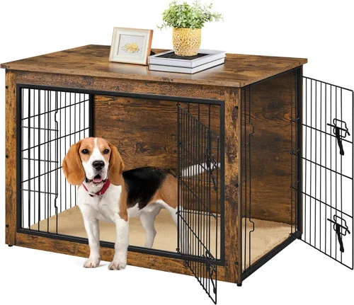 Miniatura 15 de Yaheetech 32" Mesa auxiliar de jaula para perros con cojín, jaula de madera para perros con puertas dobles/pies ajustables, mesa auxiliar lateral
