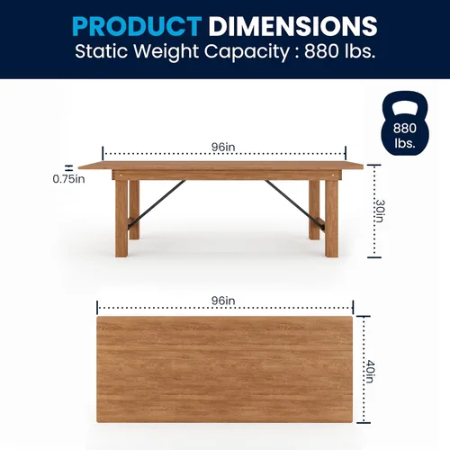 Miniatura 2 de Flash Furniture Serie Hércules Mesa de comedor plegable rústica de pino macizo de 8' x 40", mesa rectangular antigua de granja para comedor y eventos