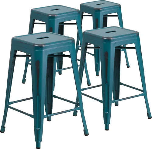 Miniatura 30 de Taburete de 24 pulgadas de alto para interior y exterior con asiento cuadrado., Metal, Negro