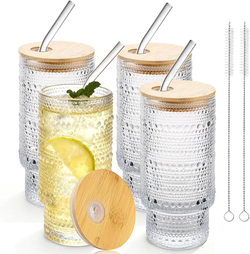 Miniatura 9 de Vasos de vidrio vintage con tapas y pajitas de bambú de 16 onzas, vaso vintage en relieve floral tazas de vidrio para whisky, cerveza, tazas de café