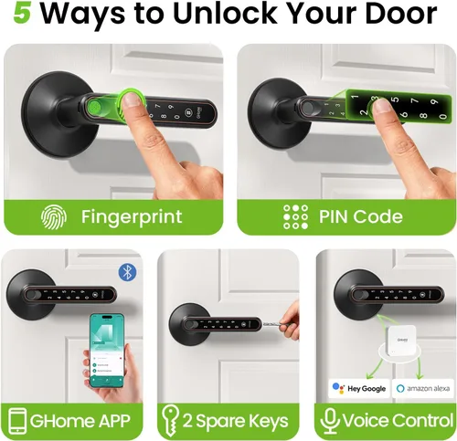 Miniatura 2 de Ghome Smart Konb de puerta de huellas dactilares con cerradura, liberación rápida 0.2S, cerradura de puerta de entrada sin llave 4 en 1 con asa
