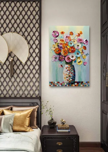 Miniatura 8 de V-inspire Arte, pintura al óleo moderna pintada a mano de 30 x 45 pulgadas, ramo completo de flores, lienzo acrílico abstracto, decoración de pared