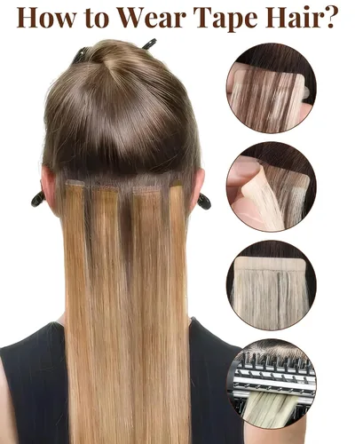 Miniatura 6 de 【Descuento】Hetto - Extensiones de cabello con cinta adhesiva, 40g, extensiones de cabello humano, color rubio ceniza oscuro degradado a rubio medio