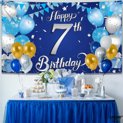 Miniatura 4 de KatchOn, Cartel XtraLarge de feliz cumpleaños 7 – 72 x 44 pulgadas Decoraciones de cumpleaños para niños y niñas Fondo de pancarta Hbd para Azul