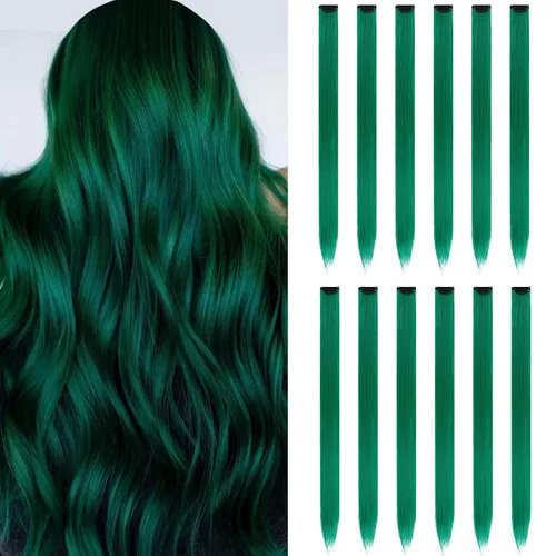 Miniatura 17 de Paquete de 12 extensiones de cabello de colores arcoíris, mechones para fiestas, 22 pulgadas, extensiones de cabello coloridas con clip, mechones