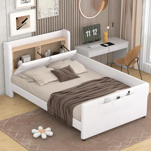 Cama de plataforma tapizada de tamaño individual con barandilla, cabecera de almacenamiento y estribo, para niños, adolescentes y adultos, uso en el